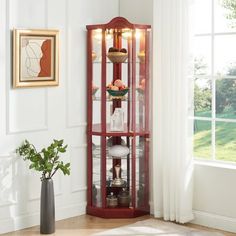 a tall red curio cabinet sitting in front of a window next to a potted plant