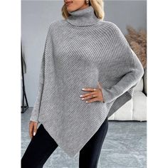 -Item Id 43072395 -Details: Asymmetrical, Rib-Knit -Neckline: High Neck -Sleeve Type: Batwing Sleeve -Style: Casual -Type: Poncho -Hem Shaped: Asymmetrical -Color: Grey -Pattern Type: Plain -Sleeve Length: Long Sleeve -Length: Long -Temperature: Winter (<10/50) -Fit Type: Regular Fit -Fabric: Slight Stretch -Material: Knitwear -Composition: 100% Acrylic -Care Instructions: Hand Wash Or Professional Dry Clean -Sheer: No **Open To Offers!!!** **Bundle To Save More** **30% Off Bundles Of 2 Or More Solid Color Sweater, Color Sweater, Grey Pattern, Wrap Sweater, Shrug Sweater, Batwing Sleeve, Bat Wings, Ponchos, Sleeve Type