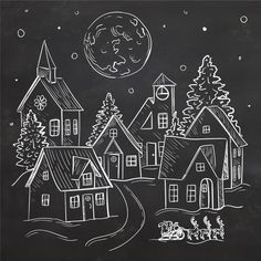 a chalkboard drawing of houses in the snow with santa and sleighs