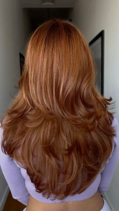 Copper hair with long layers #copperhaircolor #copper #longhair #longlayeredhaircuts Orange Red Copper Hair, Long Layered Red Hair With Bangs, Long Layered Copper Hair, Old Money Copper Hair, Medium Orange Copper Hair, Red Hair Blowout, Red Hair Color Copper, Medium Golden Copper Hair, Red Hair With Copper Highlights