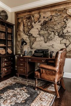 an old world map is on the wall in this home office