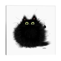 a black cat with green eyes and fluffy fur on it's back, sitting in front of a white background