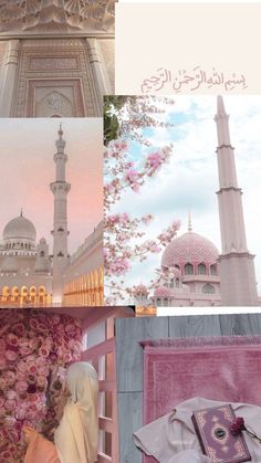 the collage shows several different images with flowers and buildings in them, including a woman standing