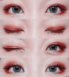 aesthetic makeup Long Eye Makeup, Red Makeup Under Eyes, Japanese Red Eye Makeup, Korean Makeup Red Eyeshadow, Chinese Red Makeup, Soft Red Makeup Looks, Red Eye Makeup Aesthetic, Hood Eye Makeup, Halloween Cute Makeup