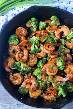 shrimp and broccoli stir fry in a skillet