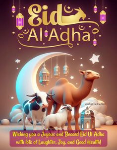 the eid al adha greeting card is shown with three sheep and a crescent