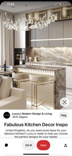 the interior design and living app is displayed on an iphone device, with text reading fabulous kitchen decor inspo