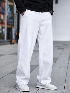 White  Collar  Denim Plain Wide Leg Embellished Non-Stretch  Men Clothing White Denim Men Outfits, Outfits With White Jeans Men, White Baggy Denim Jeans, Mens White Pants Outfit, White Pants Men Outfit, White Denim Pants Outfit, White Jeans Outfit Men, Men White Jeans