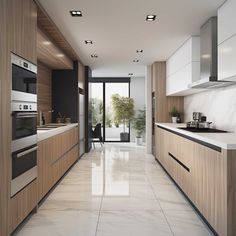 a modern kitchen with marble counter tops and wooden cabinets