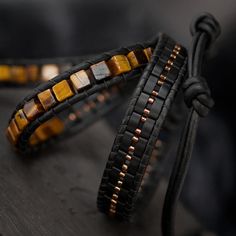 Tiger's Eye Bracelet Leather Wrap Bracelet Adjustable - Etsy How To Make Wrap Bracelets, Black Leather Bracelet Men, Short Beaded Necklace, Bead Bracelet For Men, Beads Craft Jewelry, Duo Beads