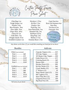 the menu for an event with price list