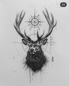 a black and white drawing of a deer's head with geometrics on it