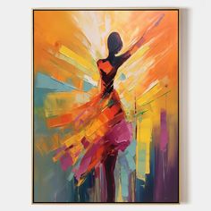 an abstract painting of a woman in a colorful dress with her arms outstretched and legs spread out