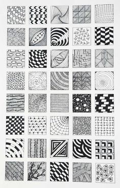 black and white drawing of different designs in squares, lines, and rectangles