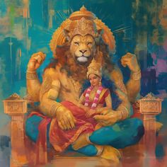 a painting of a man and woman sitting in front of a lion with his hands on his chest