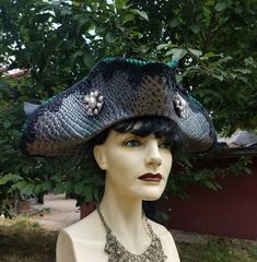 Handmade leather tri corner pirate hat  ,hand sewn and dyed,  ribbon hat band,  2 large brooches,  croc pressed design  ,green/ black trim ,head size 22 1/2 inches can be stretched larger Hat Band, Black Trim, Adult Costumes, Handmade Leather, Leather Handmade, Hand Sewn, Hand Sewing