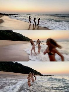 three girls are playing in the water at the beach and one girl is running into the ocean