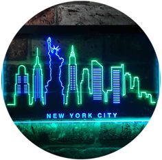 the new york city neon sign is lit up