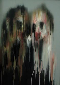 an abstract painting with black, white and red paint drips on the side of it