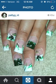 St Patricks Day Nails Acrylic Coffin, Saint Patricks Day Nails Gel, St. Patricks Day Nails, Irish Nails Designs, Shamrock Nails Design, Nails For March, Saint Pattys Day Nails, St Patricks Day Nails French Tips Green, Saint Patricks Day Nails