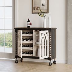 a cabinet with wine bottles on it in a room