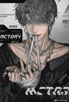 an anime character with black hair and piercings holding scissors in front of his mouth