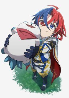 an anime character with red hair and blue eyes holding a stuffed animal in his arms