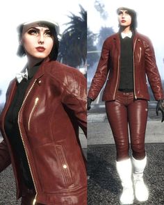 the woman is dressed in red leather and white boots