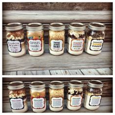 several jars filled with different types of food on top of a wooden shelf next to each other