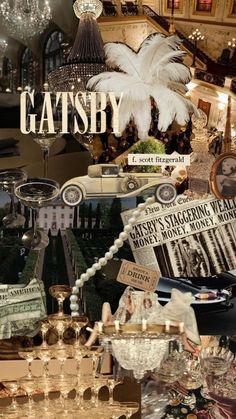 an image of a store window display with items for sale in front of it and the words gatsby above them