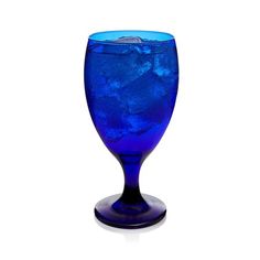 a blue wine glass with ice in it