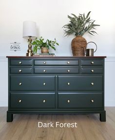 a green dresser with plants on top