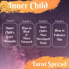 the tarot spread for inner child, which includes four cards and two words on each card