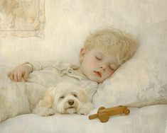 a painting of a little boy sleeping next to a white dog with a bone in it's mouth