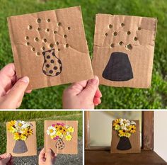 two pictures with flowers and vases on them, one is made out of brown paper