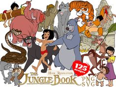 the jungle book svg is shown with many different animals and people around it, including two