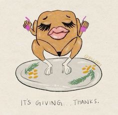 a drawing of a dog sitting on top of a plate with forks in it's mouth