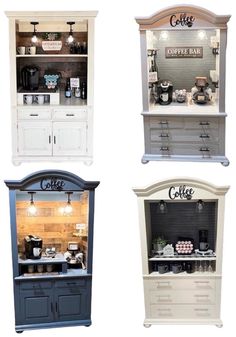 four different styles of coffee bar cabinets with lights on top and below the countertop