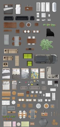 an assortment of furniture and accessories arranged on a gray background