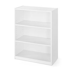 a white bookcase with three shelves on each side and one shelf above the other