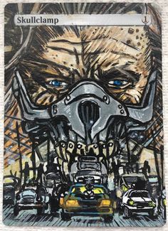 a drawing of a man with a gas mask on his face and cars in front of him