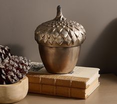 a gold vase sitting on top of a book next to a bowl and pine cones