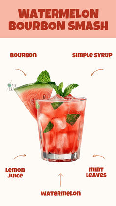 Watermelon Bourbon Smash Bourbon Mixed Drinks, Easy Summer Cocktail Recipes, Whiskey Smash, Bourbon Smash, Mint Cocktails, Bourbon Recipes, Watermelon Cocktail, Easy Summer Cocktails