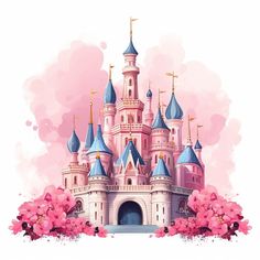 a pink castle with blue turrets surrounded by flowers