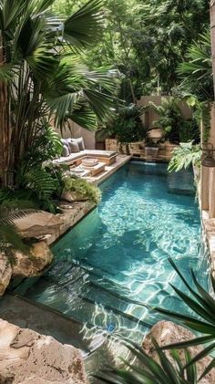 an outdoor swimming pool surrounded by palm trees and other greenery in a backyard area