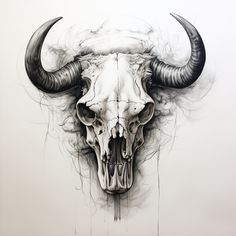 a drawing of a bull's skull with large horns and long horned horns