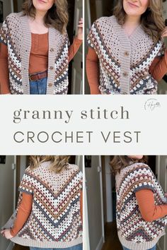 4 images of a granny stitch crochet vest worn over a rust coloured t-shirt Crochet Vest Design, Granny Square Sleeveless Cardigan, Women’s Crochet Cardigan Pattern, Crochet Button Up Pattern, Granny Square Inspiration, Granny Stitch Vest, Easy Cardigan Crochet Pattern Free, Crochet Halloween Cardigan, Granny Square Cardigan Layout