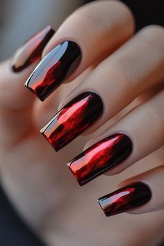 17 Jaw-Dropping Fall Chrome Nails for Your Next Mani Halloween Chrome Nails Short, Chrome Halloween Nails Designs, Red And Black Chrome Nails, Sparkle Chrome Nails, Chrome Gel Nails Ideas, Matte Chrome Nails, Halloween Chrome Nails, Ombre Chrome Nails Designs, Black Chrome Nails Designs