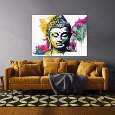 a living room with a couch and painting on the wall