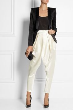 Balmain Wool-blend satin harem pants How To Wear Joggers, Balmain Jacket, Boss Ladies, Clothing Blogs, Corporate Wear, Rossi Shoes, Tuxedo Pants, Woman Suit Fashion, Satin Pants